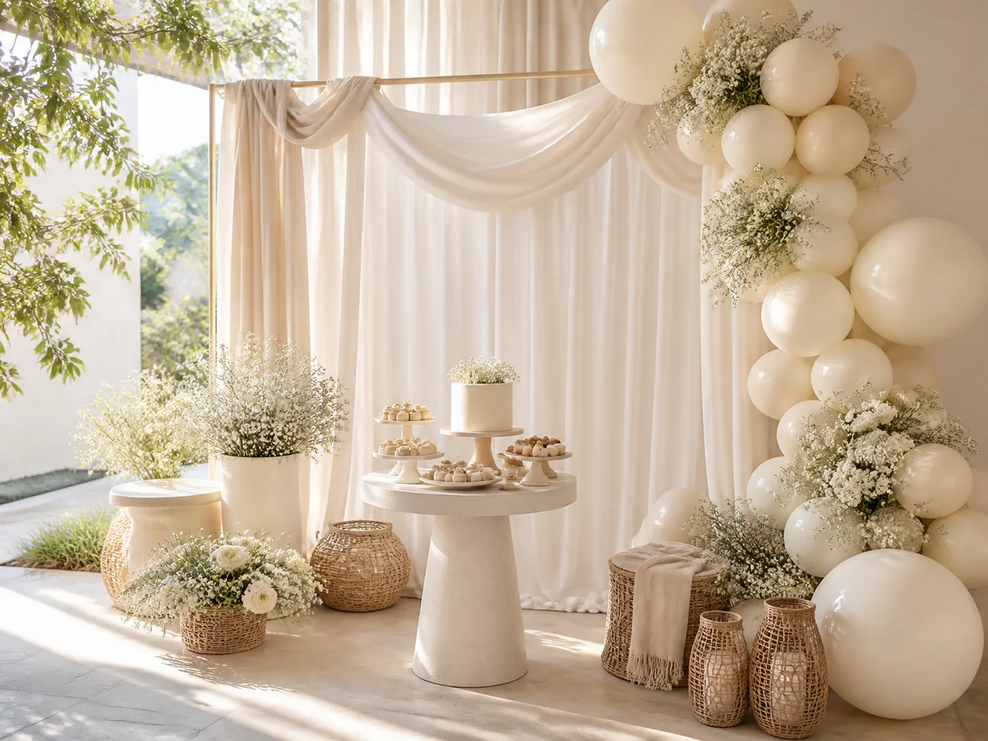 Krem tonlarında baby shower ve özel davet dekorasyonu